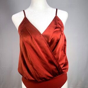Express Rust Pleated Satin Faux Wrap Thong Bodysuit Cami XS‎